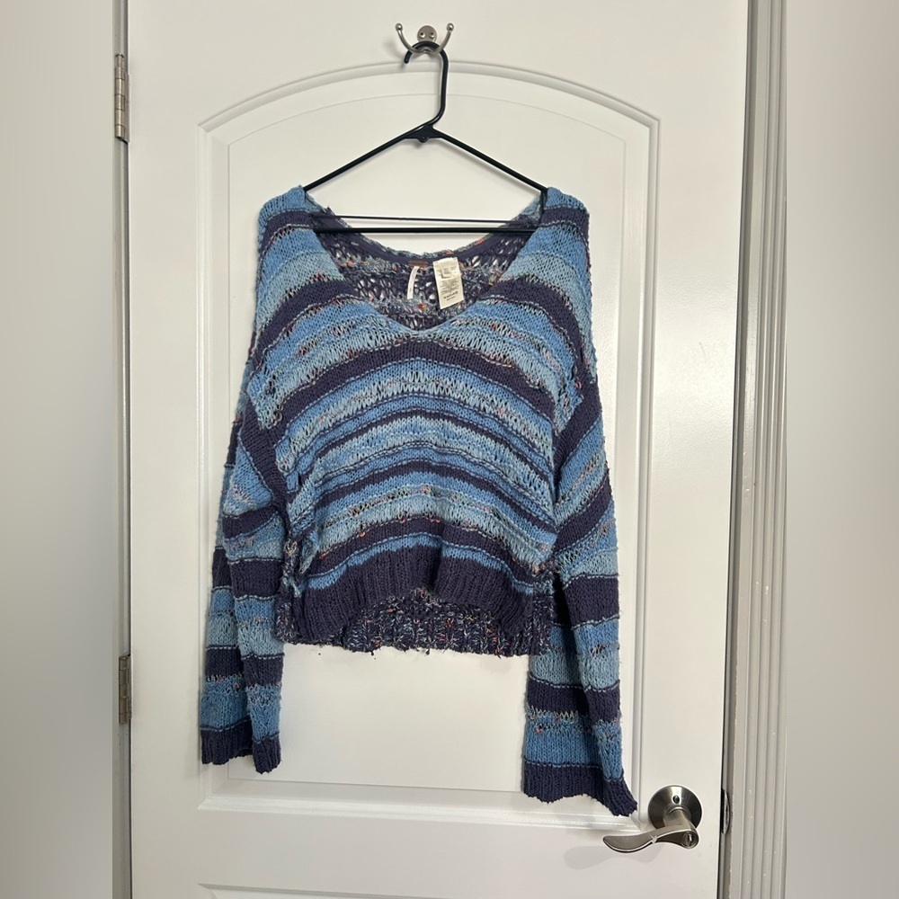Free People Lake Life Pullover Sweater Bottled Blue Combo size small Chunky Knit - Picture 4 of 13